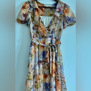 Floral Ruffle Wrap Midi Dress in Multicolor